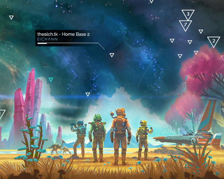 No Man's Sky Key art interspersed with Galactic Atlas graphics